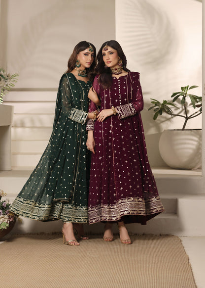 Pakistani Embroidered Dark Green Chiffon Pishwas Suit Online in Dubai DXB UAE Abudhabi Meena Bazaar