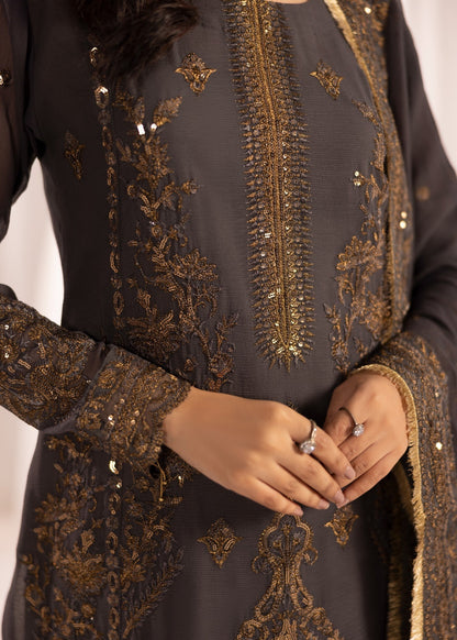 Pakistani Embroidered Dark Grey Chiffon Kurta Suit Online in Dubai UAE Abudhabi Ajman Sharjah