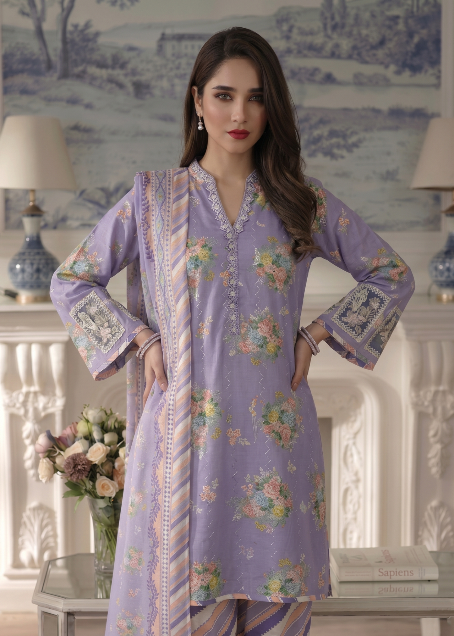 Pakistani Embroidered Lavender Grey Lawn Festive Suit Online in UK USA Canada