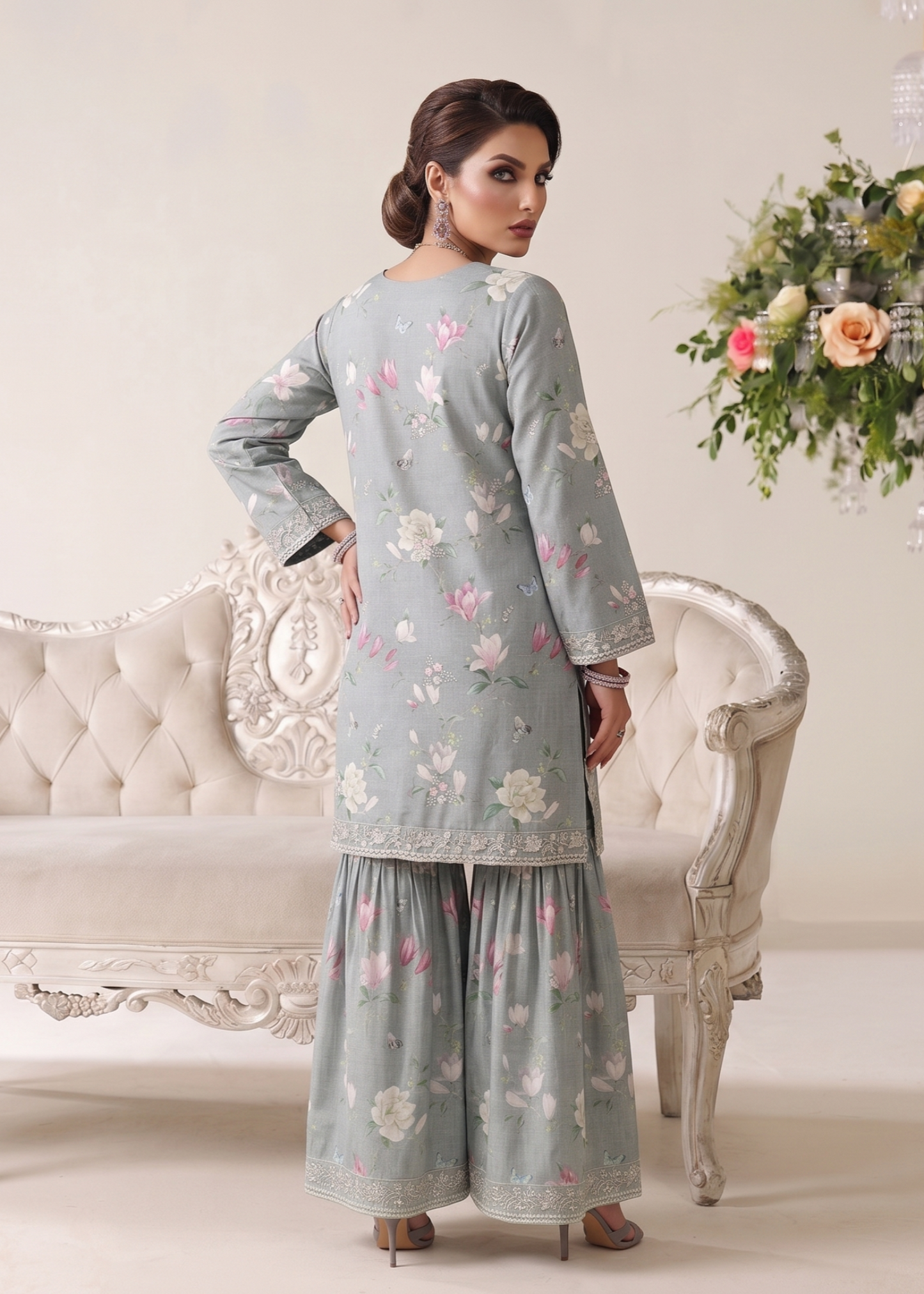 Pakistani Embroidered Lawn Gharara Suit Online in KSA Riyadh Saudi Arabia Oman Bahrain Qatar