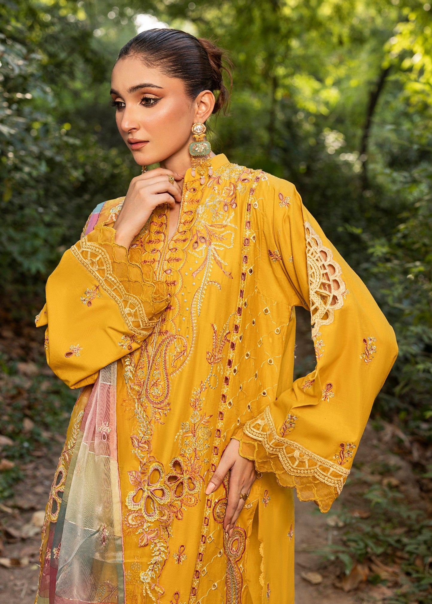 Pakistani Embroidered Lawn Suit Mustard Color Online in KSA Riyadh Saudi Arabia Oman Bahrain Qatar