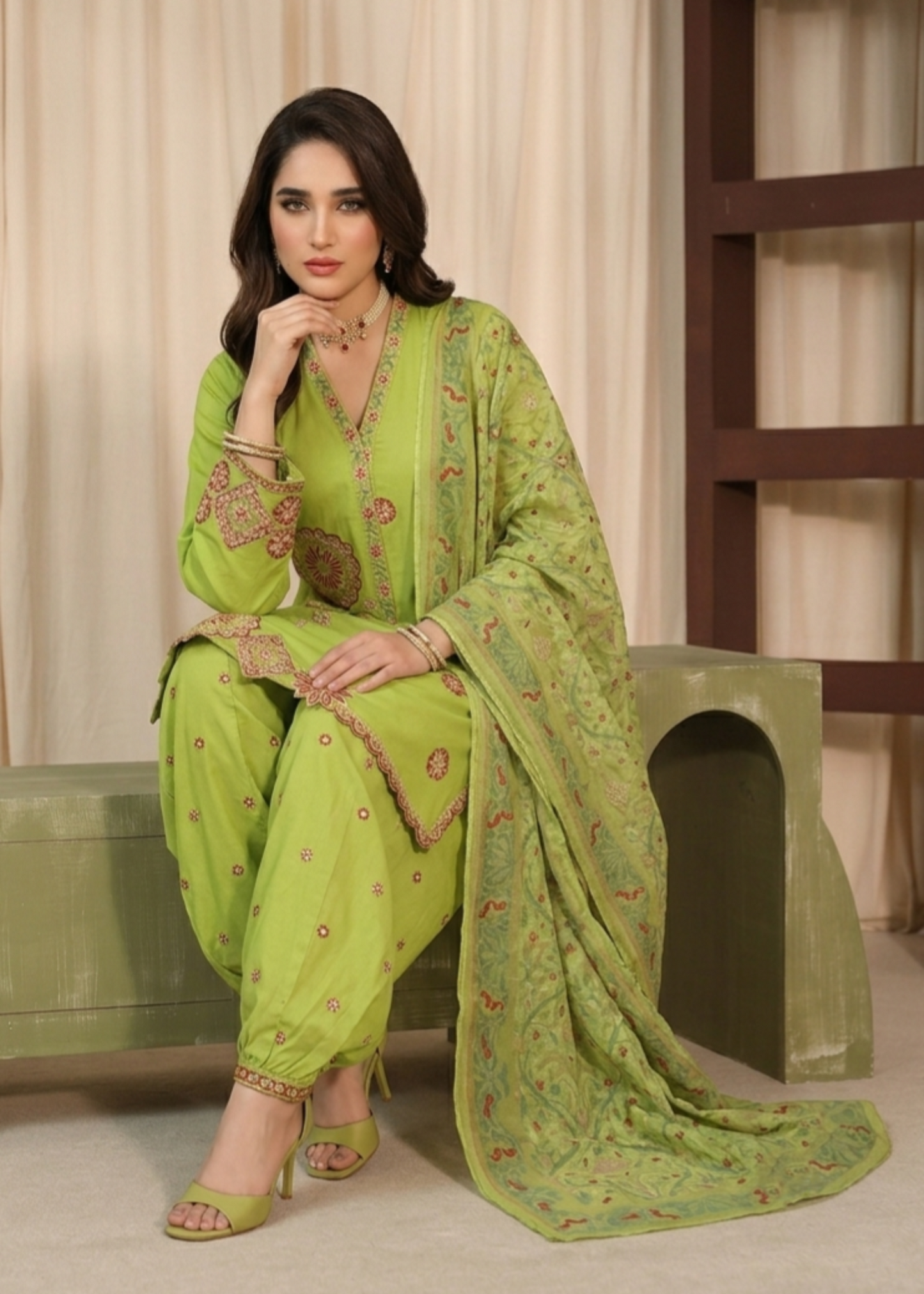 Pakistani Embroidered Lime Green Lawn Dress Online in Dubai UAE Abudhabi Ajman Sharjah