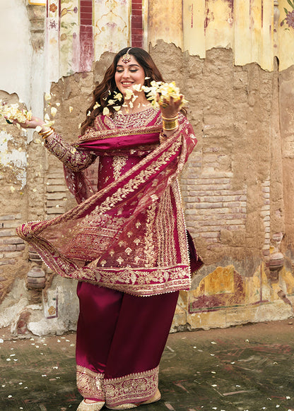 Pakistani Embroidered Magenta Charmuse Suit Online in Dubai UAE Abudhabi Ajman Sharjah