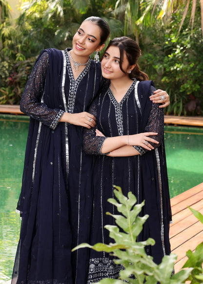 Pakistani Embroidered Navy Blue Chiffon Party Suit Online in KSA Riyadh Saudi Arabia Oman Bahrain Qatar