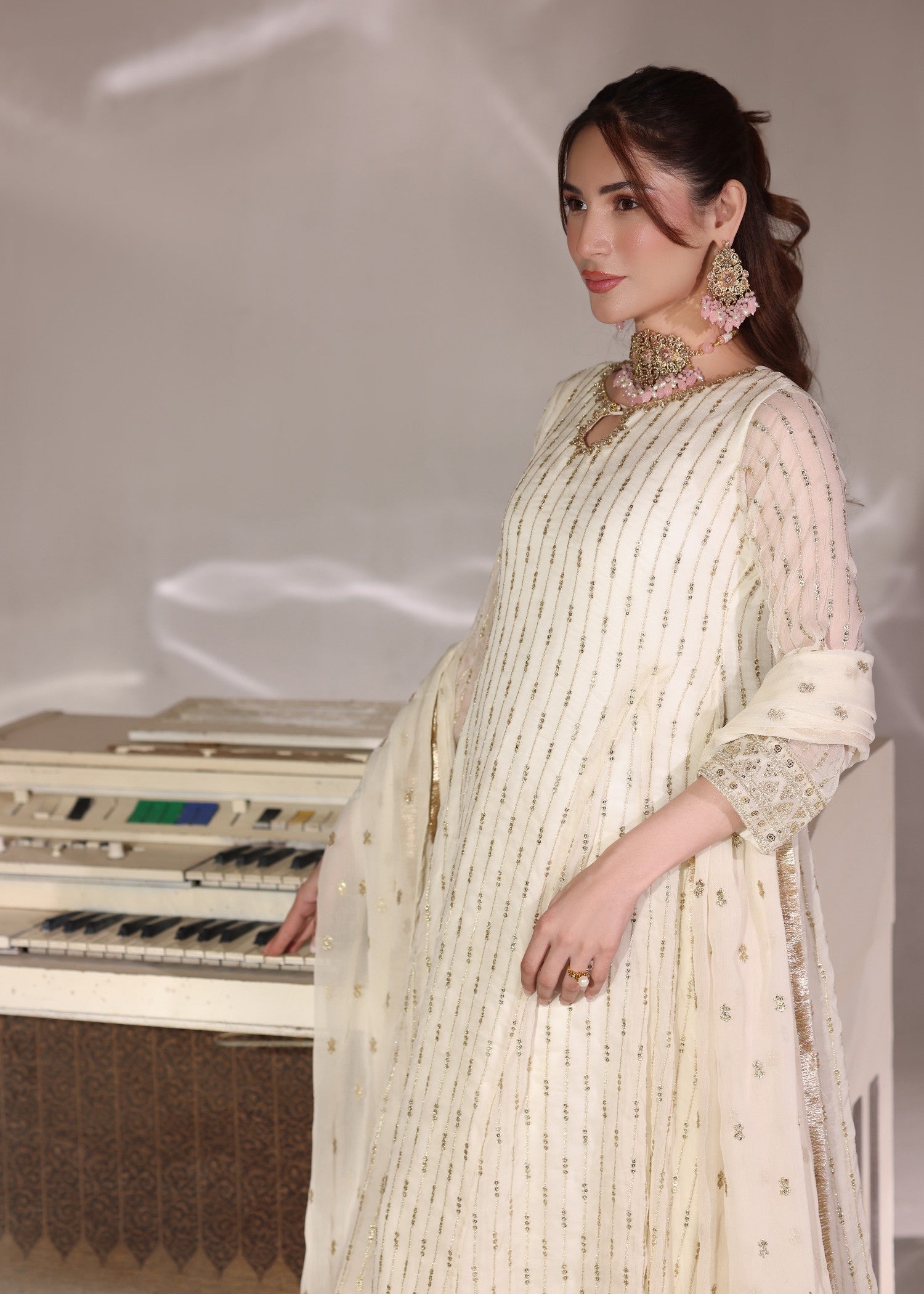 Pakistani Embroidered Off-White Chiffon Festive Suit Online in Dubai UAE Abudhabi Ajman Sharjah