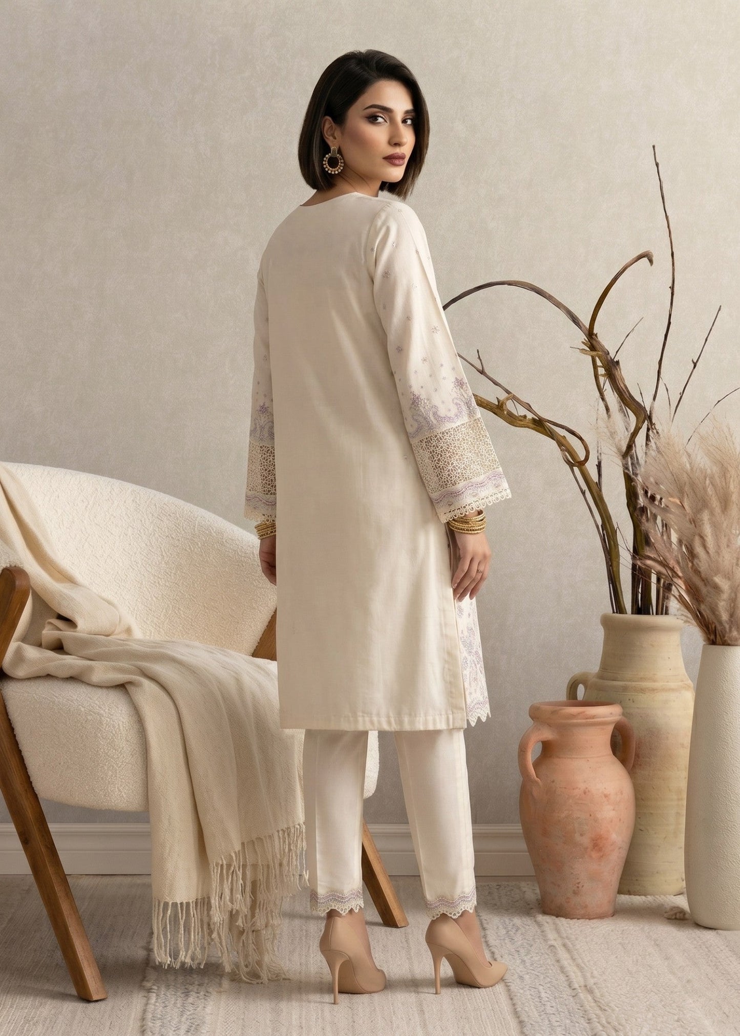 Pakistani Embroidered Off White Cotton Suit Online in KSA Riyadh Saudi Arabia Oman Bahrain Qatar