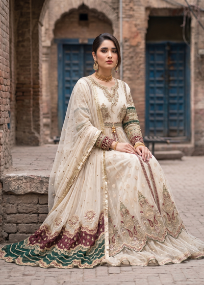 Pakistani Embroidered Off-White Net Salwar Kameez Online in KSA Riyadh Saudi Arabia Oman Bahrain Qatar