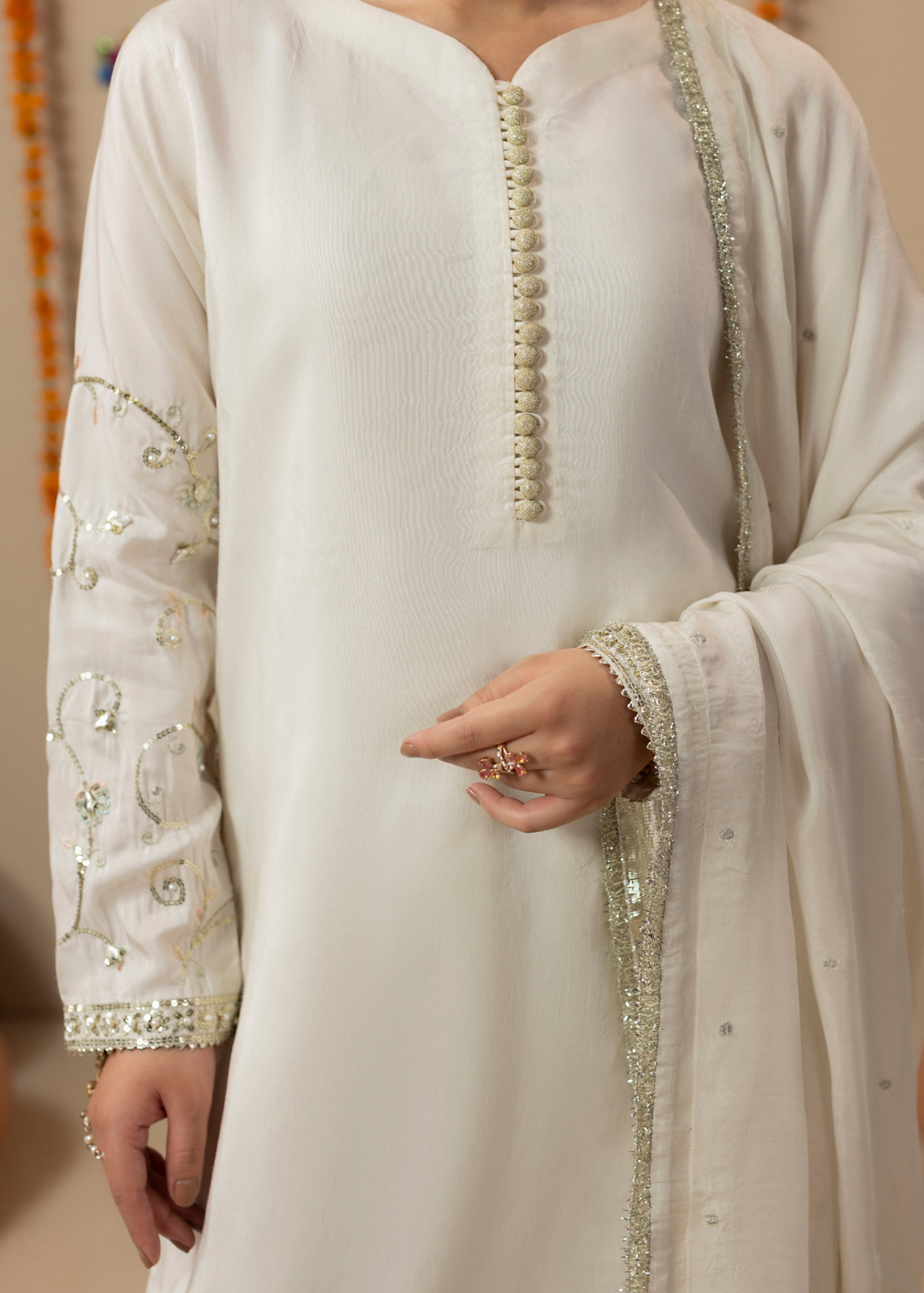 Pakistani Embroidered Off-White Silk Dress Online in KSA Riyadh Saudi Arabia Oman Bahrain Qatar