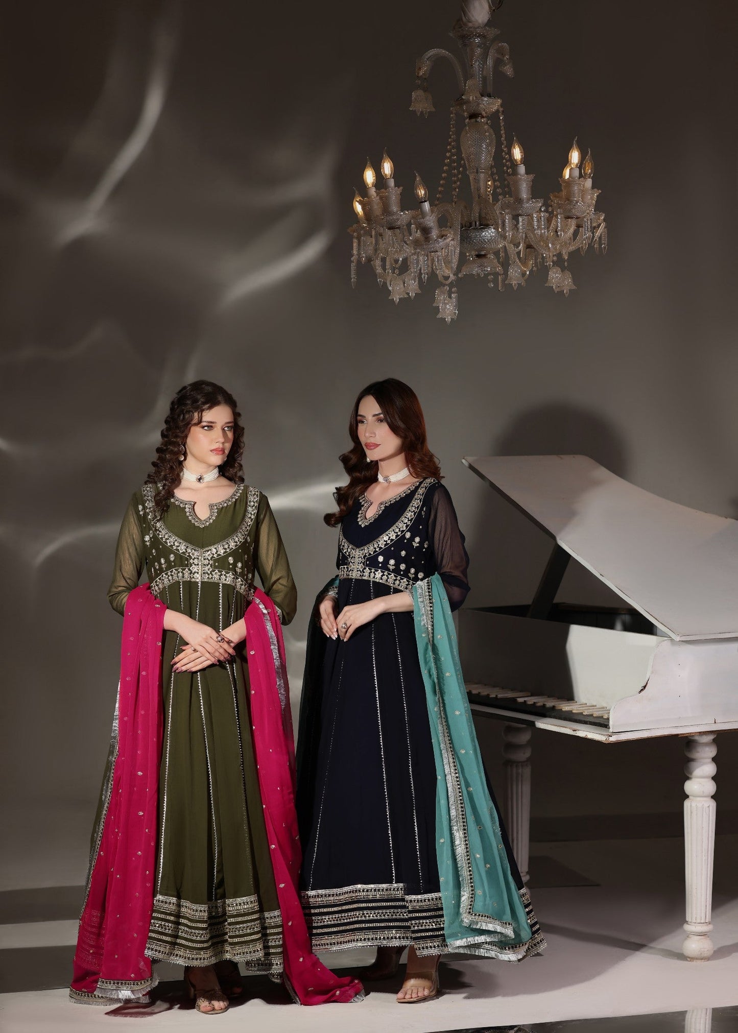 Pakistani Embroidered Olive Green Chiffon Festive Wear Suit Online in KSA Riyadh Saudi Arabia Oman Bahrain Qatar