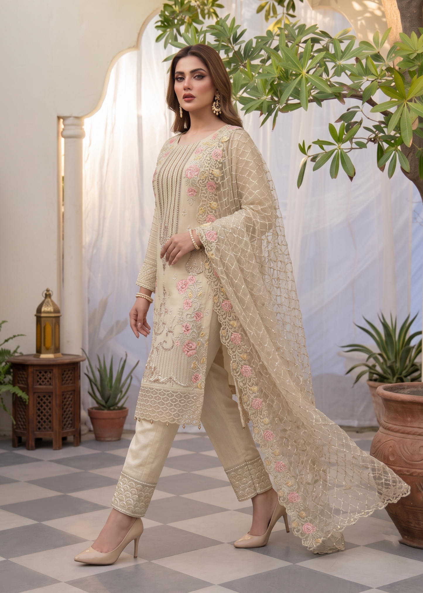 Pakistani Embroidered Organza Beige Suit Online in Dubai DXB UAE Abudhabi Meena Bazaar