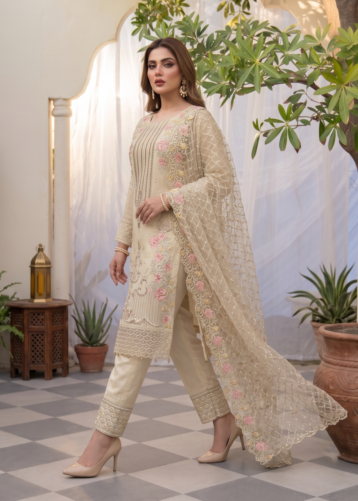 Pakistani Embroidered Organza Beige Suit Online in Dubai DXB UAE Abudhabi Meena Bazaar