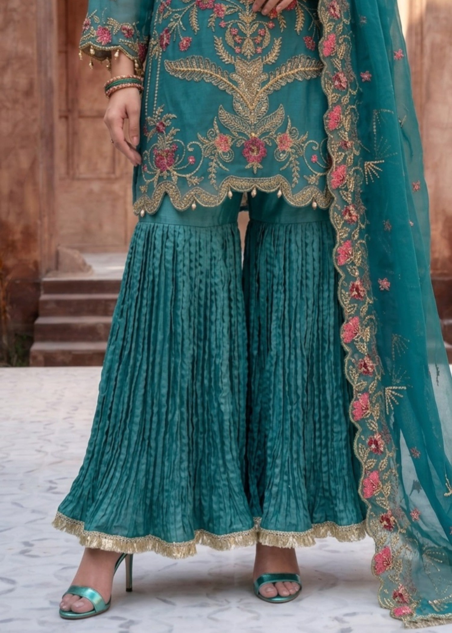 Pakistani Embroidered Organza Gharara Dress Online in KSA Riyadh Saudi Arabia Oman Bahrain Qatar