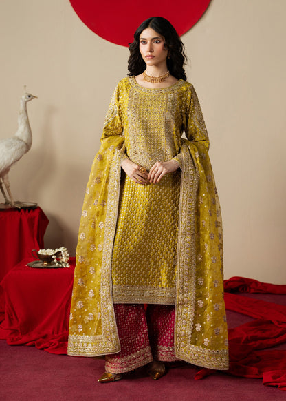 Pakistani Embroidered Organza Mustard Suit Online in Dubai DXB UAE Abudhabi Meena Bazaar