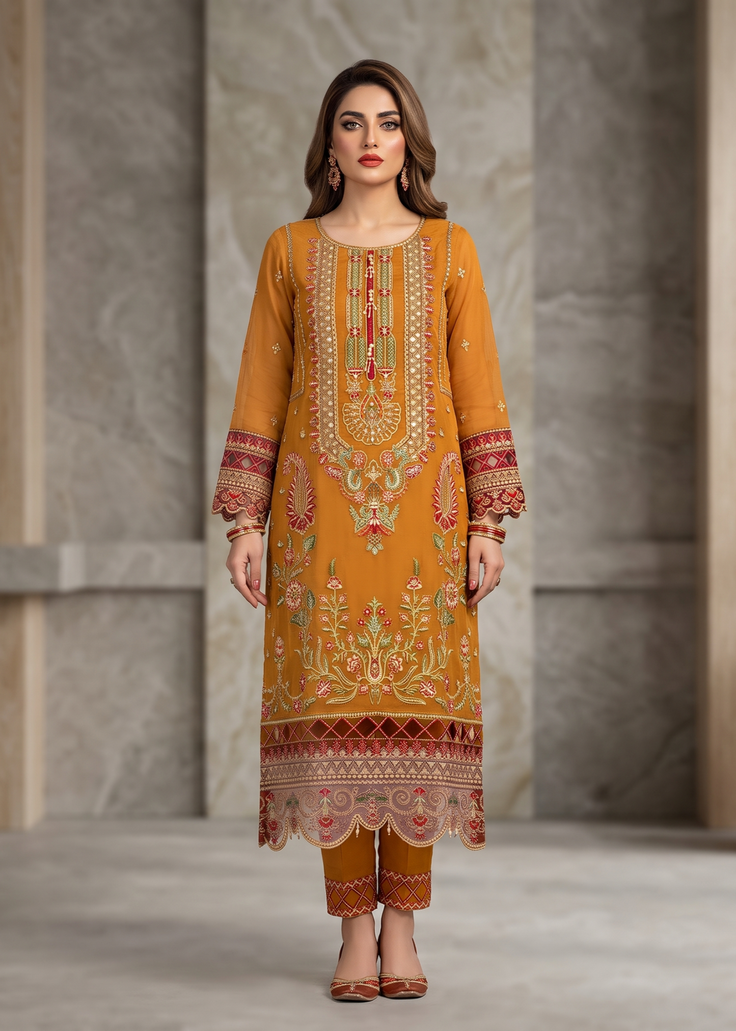 Pakistani Embroidered Organza Suit Rust Orange Online in KSA Riyadh Saudi Arabia Oman Bahrain Qatar