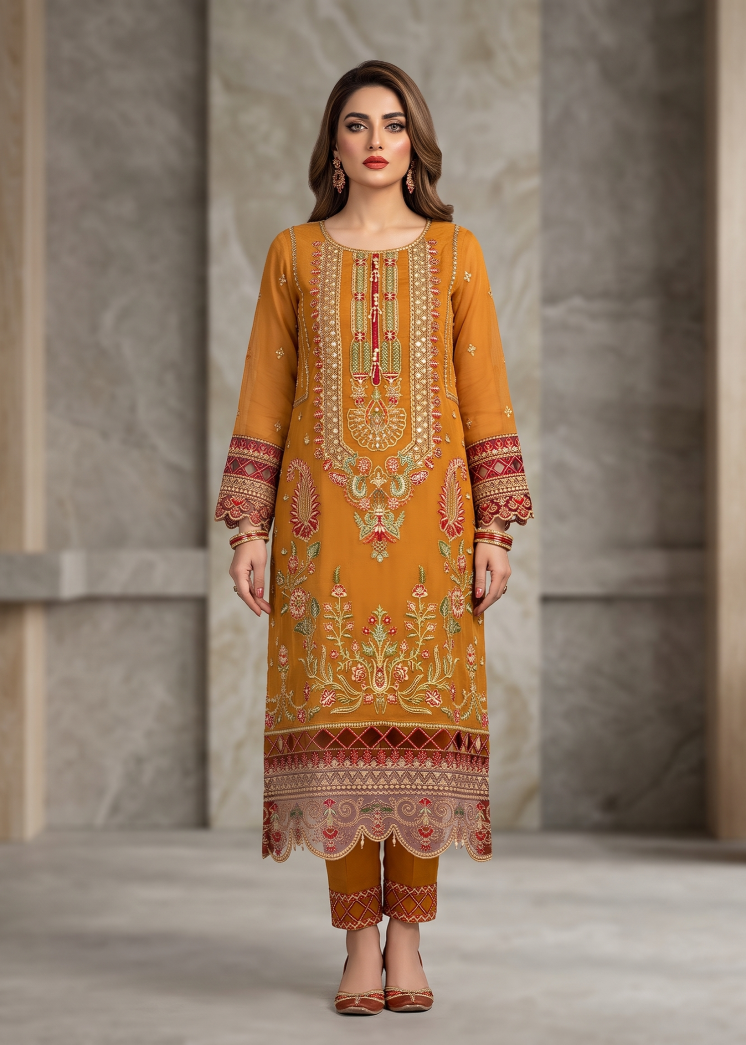 Pakistani Embroidered Organza Suit Rust Orange Online in KSA Riyadh Saudi Arabia Oman Bahrain Qatar