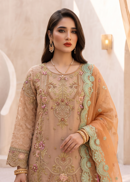 Pakistani Embroidered Peach Organza Suit Online in KSA Riyadh Saudi Arabia Oman Bahrain Qatar