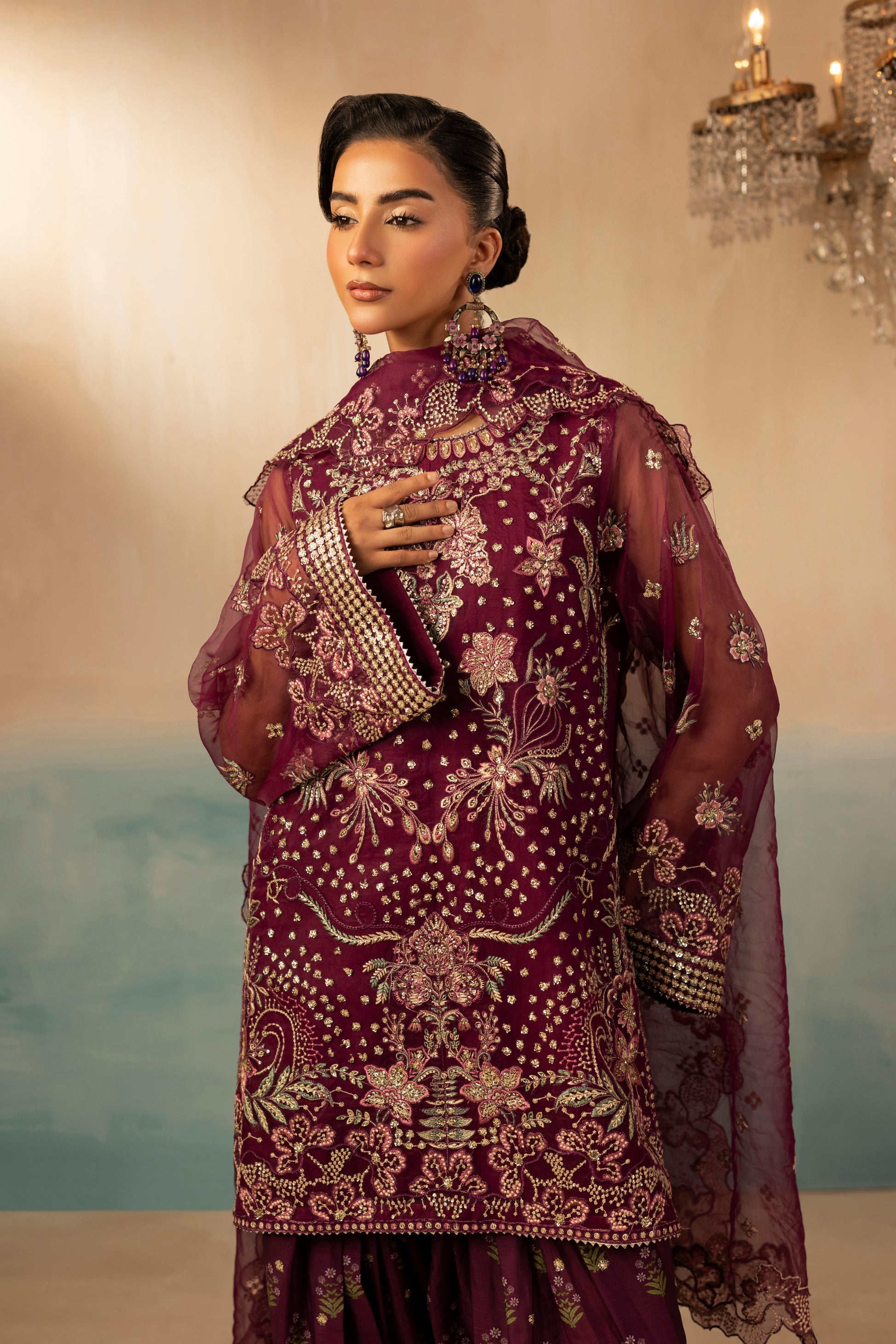 Pakistani Embroidered Plum Organza Farshi Shalwar Suit Online in KSA Riyadh Saudi Arabia Oman Bahrain Qatar