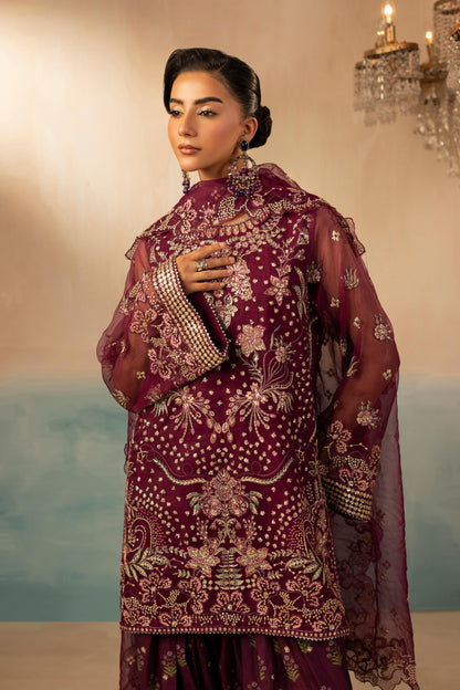 Pakistani Embroidered Plum Organza Farshi Shalwar Suit Online in KSA Riyadh Saudi Arabia Oman Bahrain Qatar