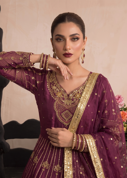 Pakistani Embroidered Plum Organza Suit Online in Sri Lanka India Australia