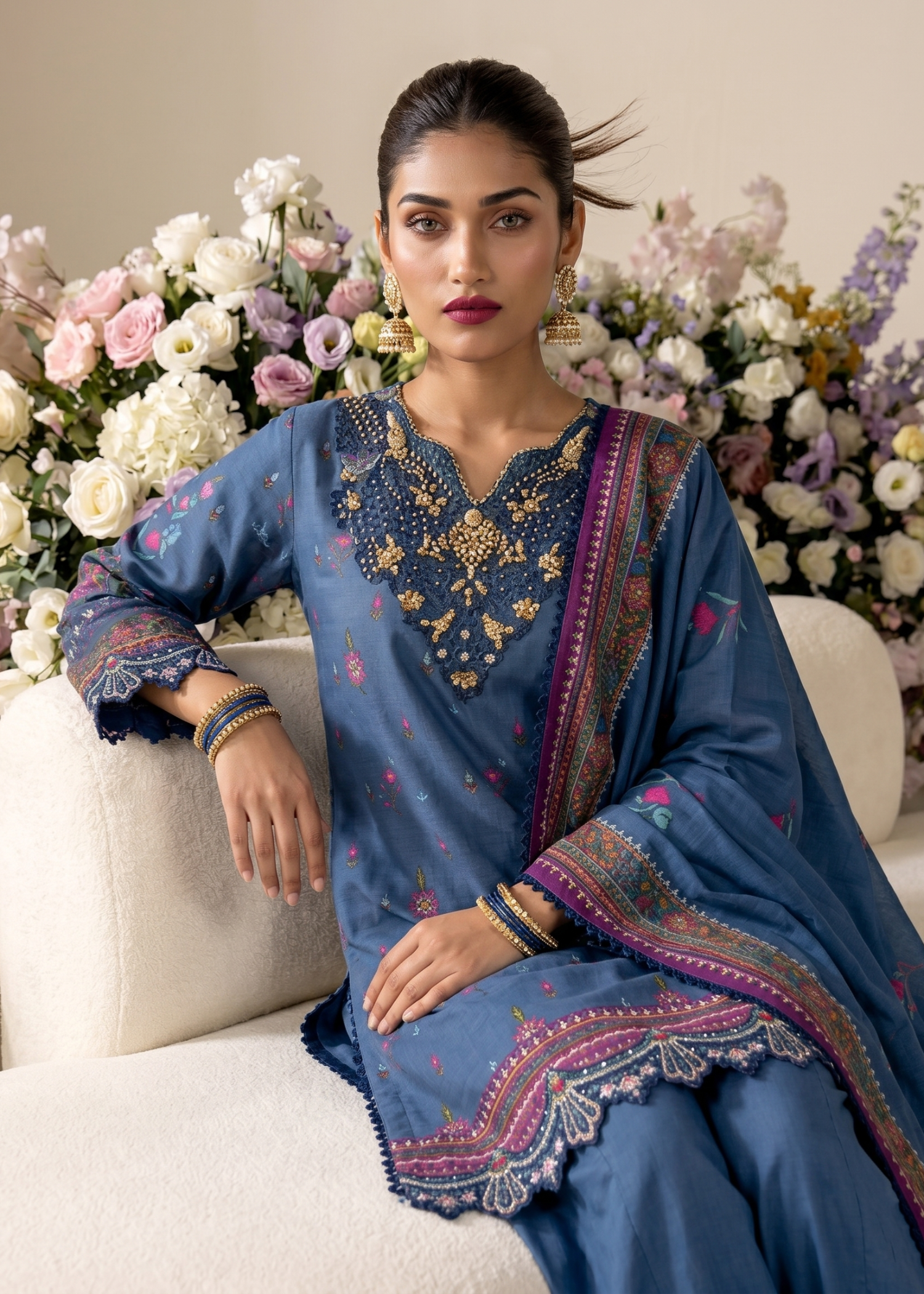 Pakistani Embroidered Raw Silk Sapphire Blue Suit Online in KSA Riyadh Saudi Arabia Oman Bahrain Qatar
