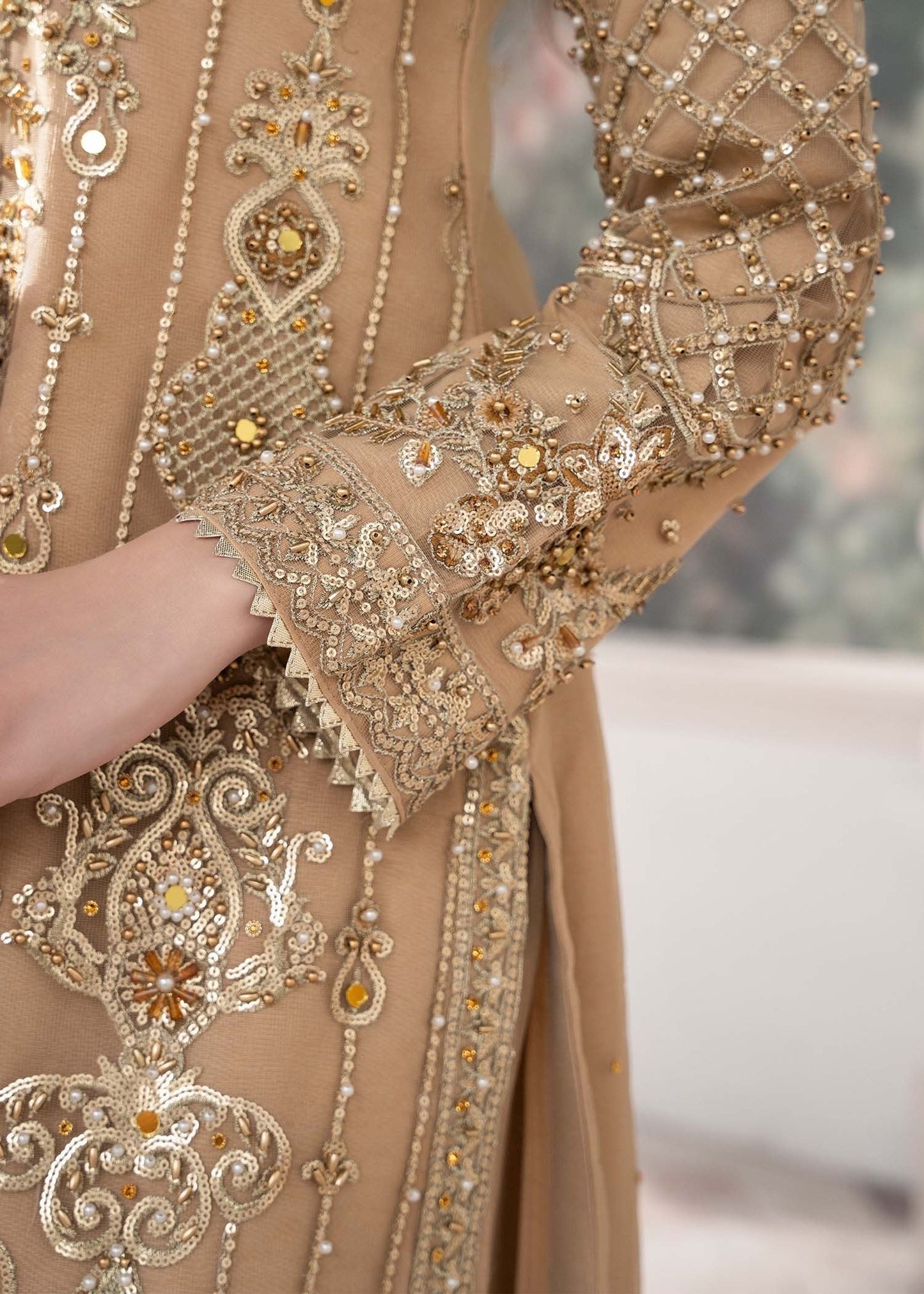 Pakistani Festive Beige Net Embroidered Kurta Online in KSA Riyadh Saudi Arabia Oman Bahrain Qatar