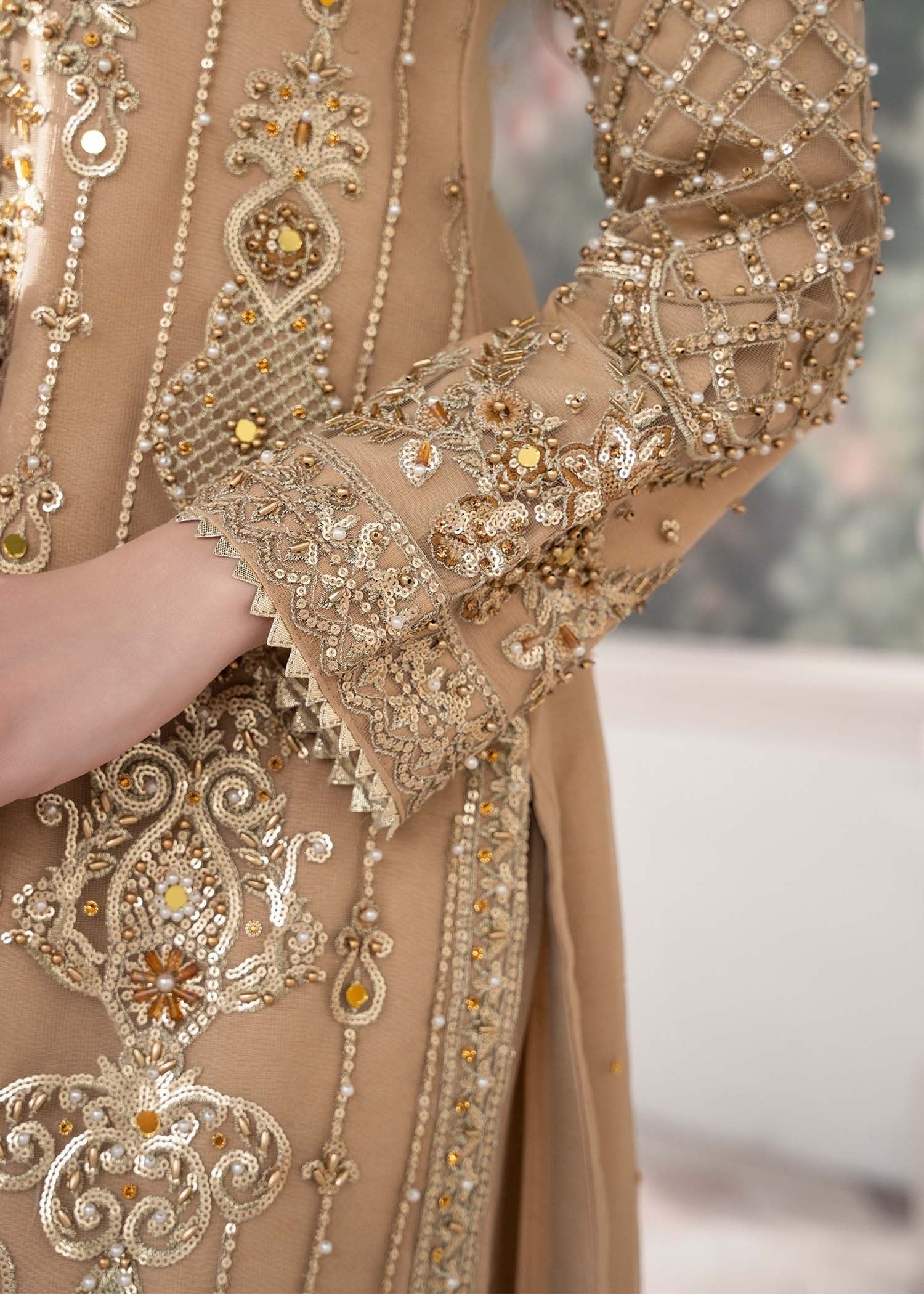 Pakistani Festive Beige Net Embroidered Kurta Online in KSA Riyadh Saudi Arabia Oman Bahrain Qatar