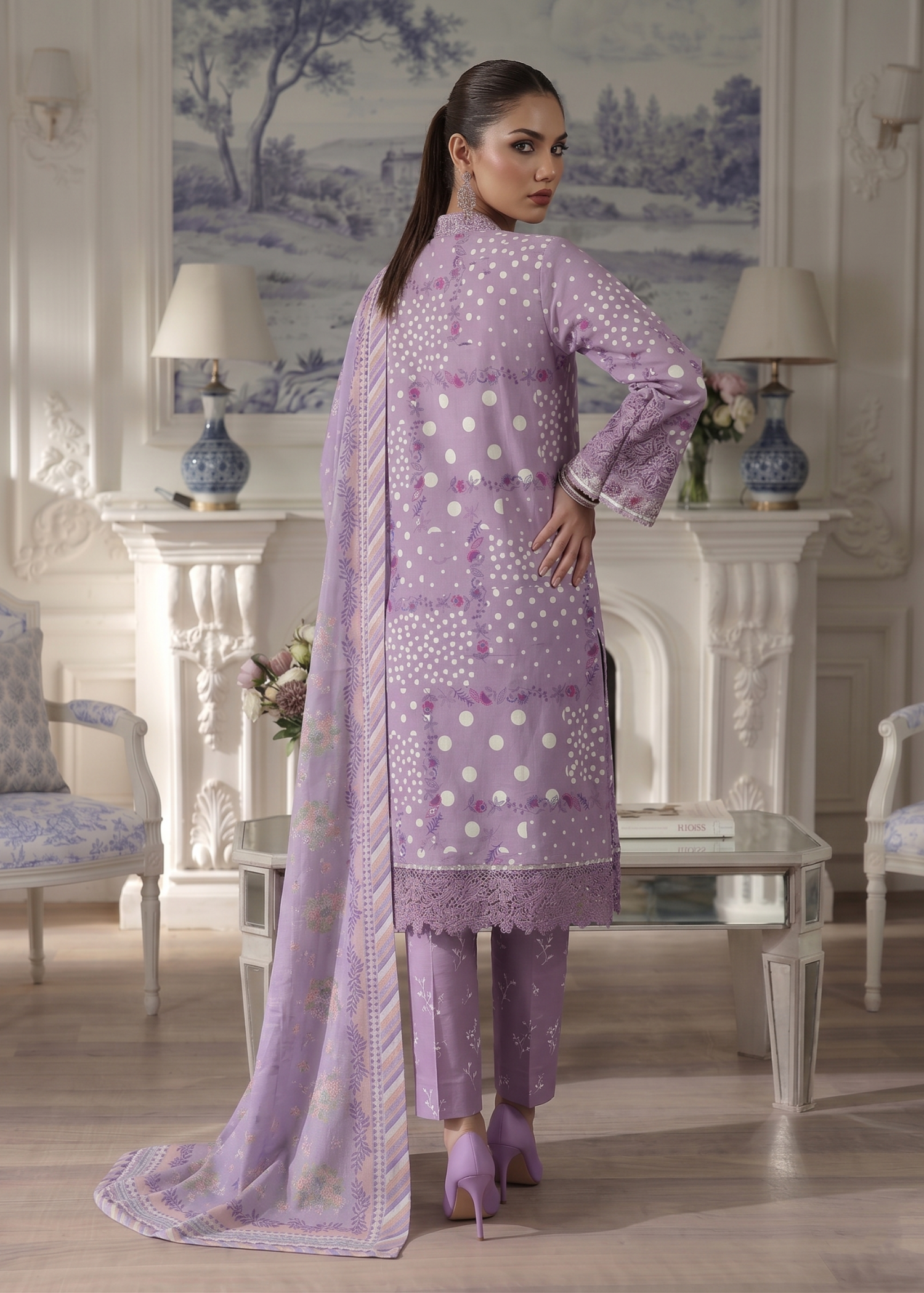 Pakistani Festive Lawn Suit Purple Ash Embellished Online in KSA Riyadh Saudi Arabia Oman Bahrain Qatar