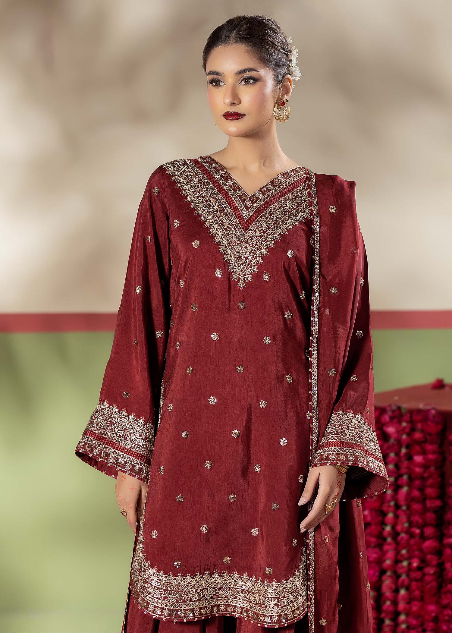 Pakistani Festive Maroon Raw Silk Farshi Suit Online in Dubai DXB UAE Abudhabi Meena Bazaar