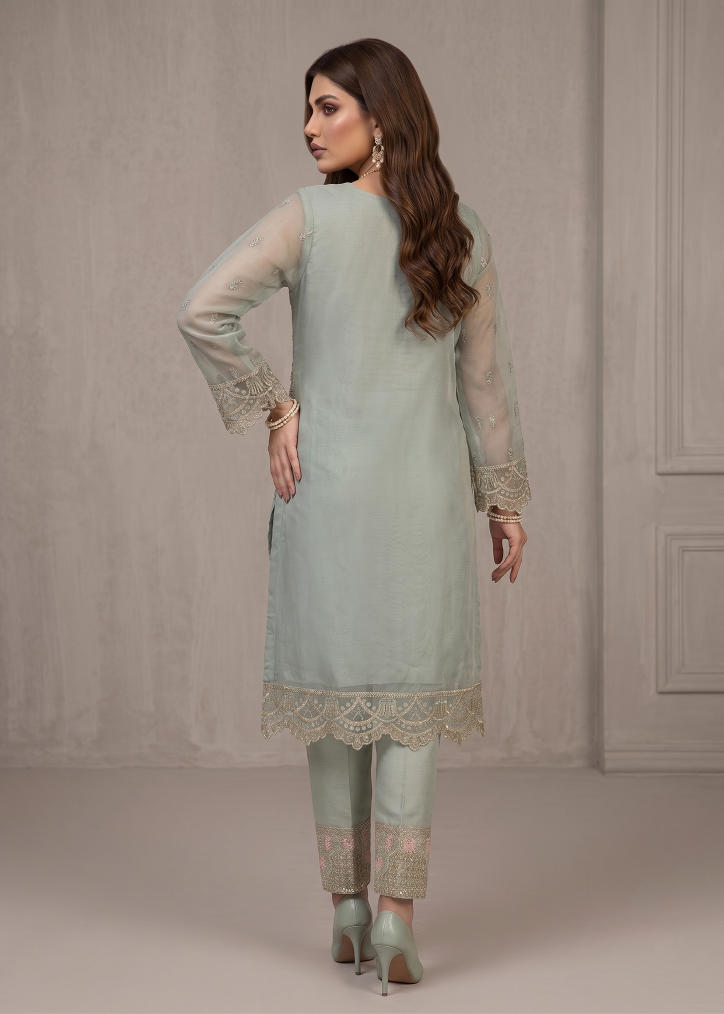 Pakistani Festive Moss Green Organza Suit Online in KSA Riyadh Saudi Arabia Oman Bahrain Qatar