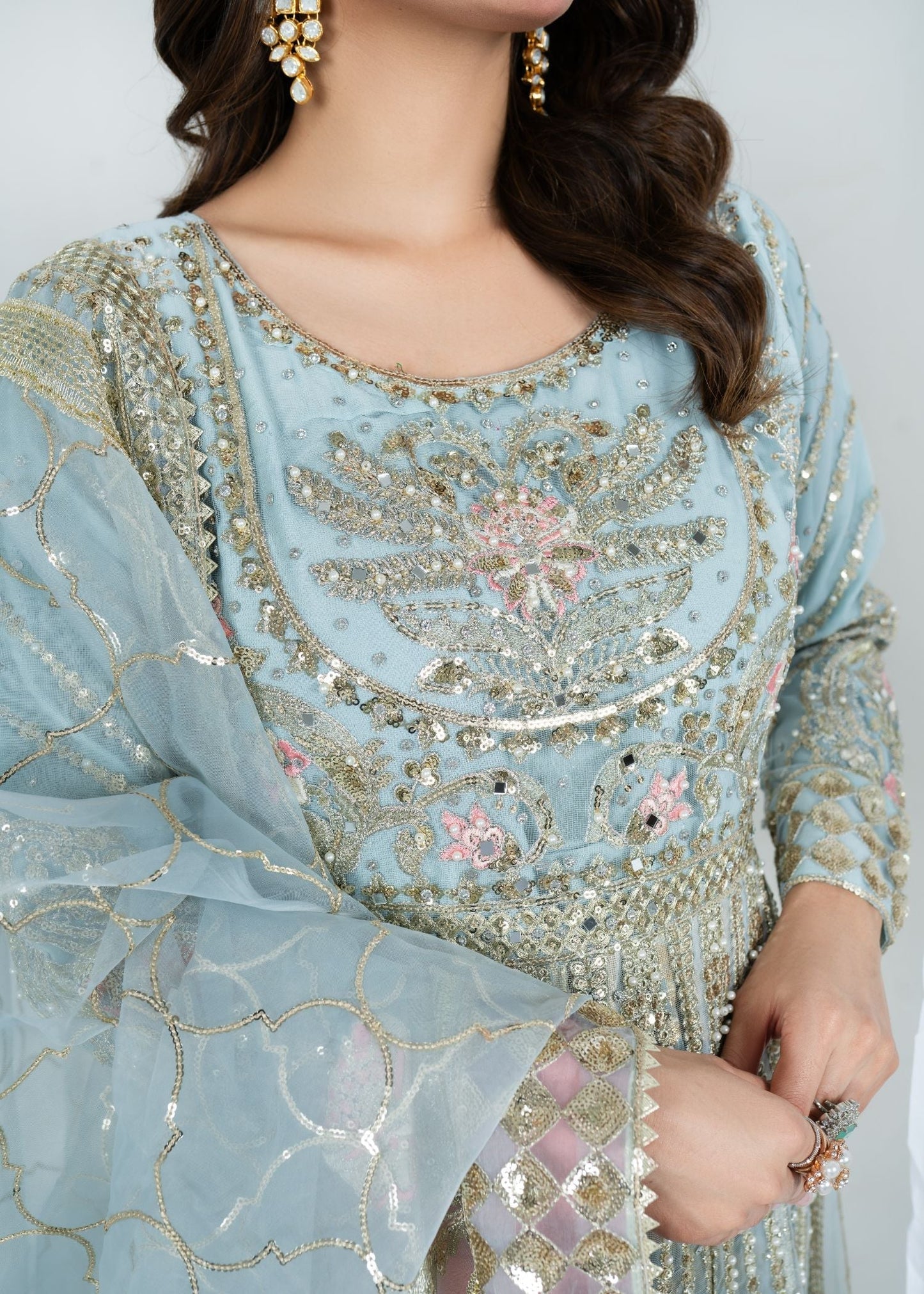 Pakistani Festive Net Maxi Dress Ice Blue Online in KSA Riyadh Saudi Arabia Oman Bahrain Qatar