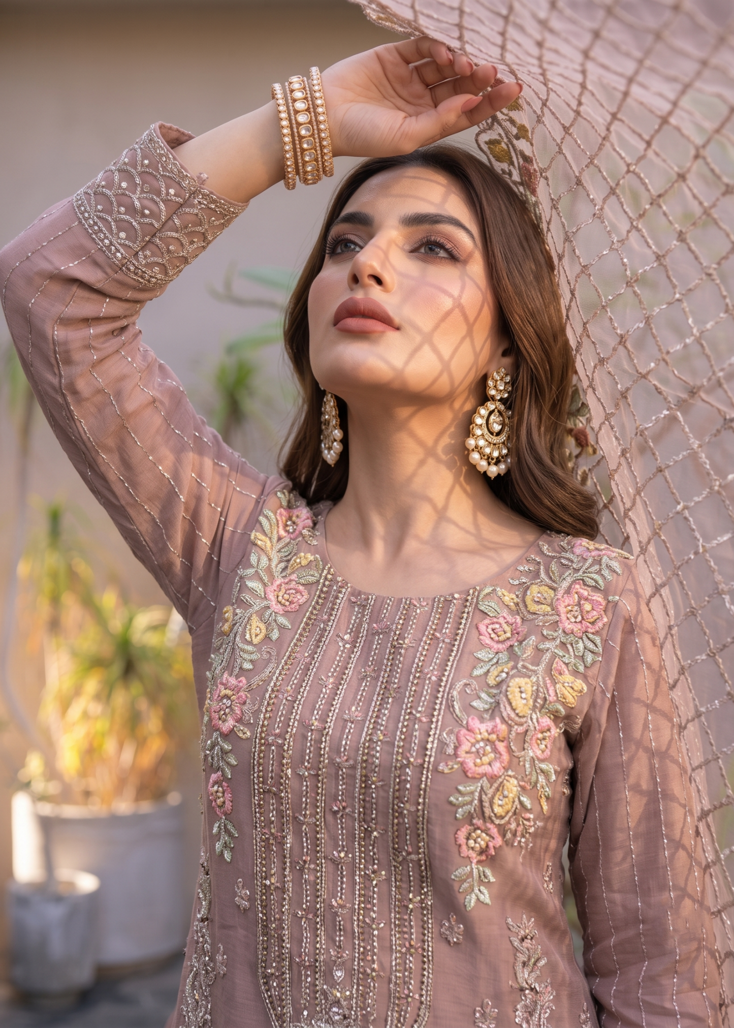 Pakistani Festive Organza Mauve Pink Salwar Kameez Online in KSA Riyadh Saudi Arabia Oman Bahrain Qatar