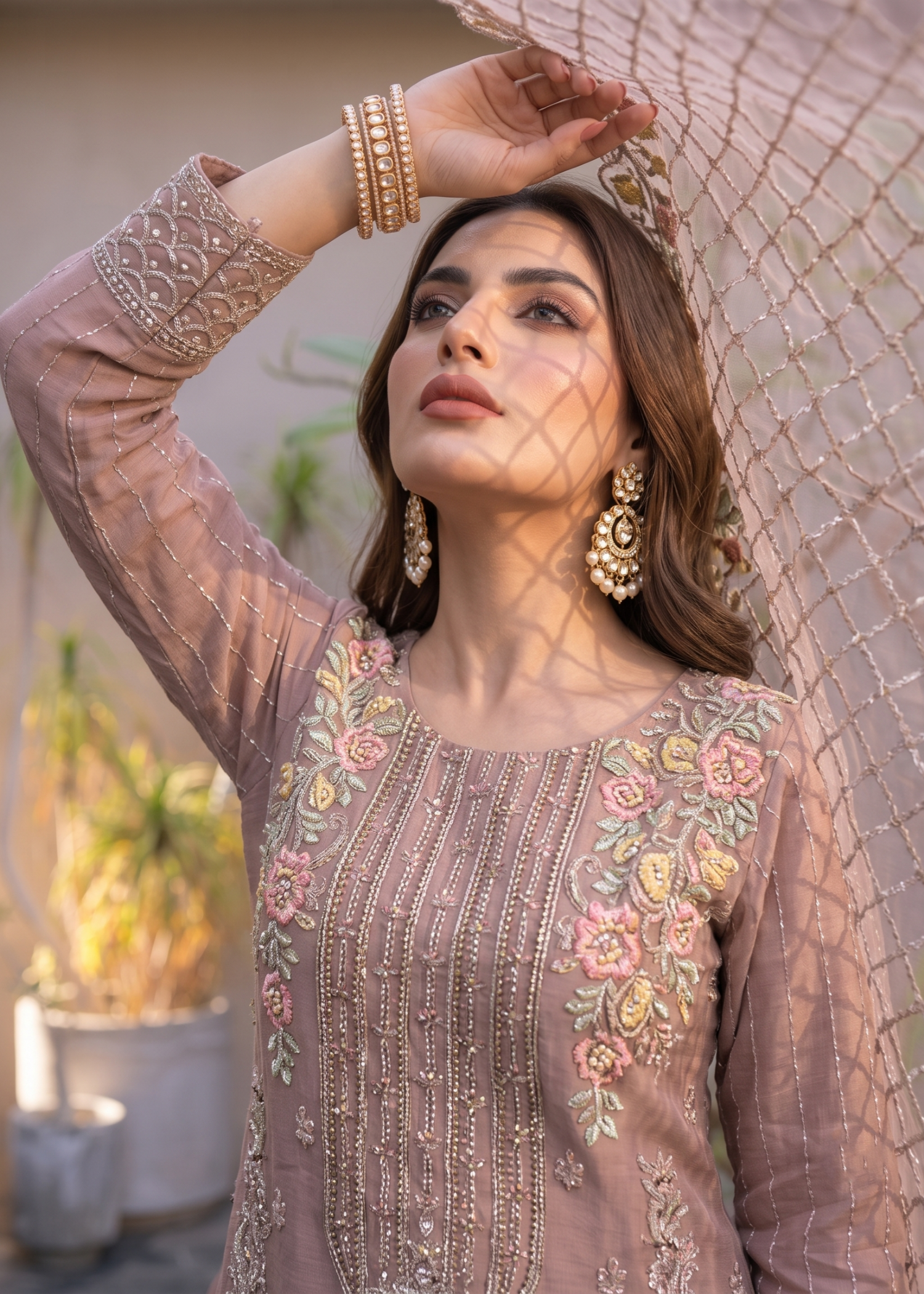 Pakistani Festive Organza Mauve Pink Salwar Kameez Online in KSA Riyadh Saudi Arabia Oman Bahrain Qatar