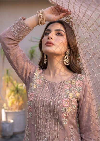 Pakistani Festive Organza Mauve Pink Salwar Kameez Online in KSA Riyadh Saudi Arabia Oman Bahrain Qatar