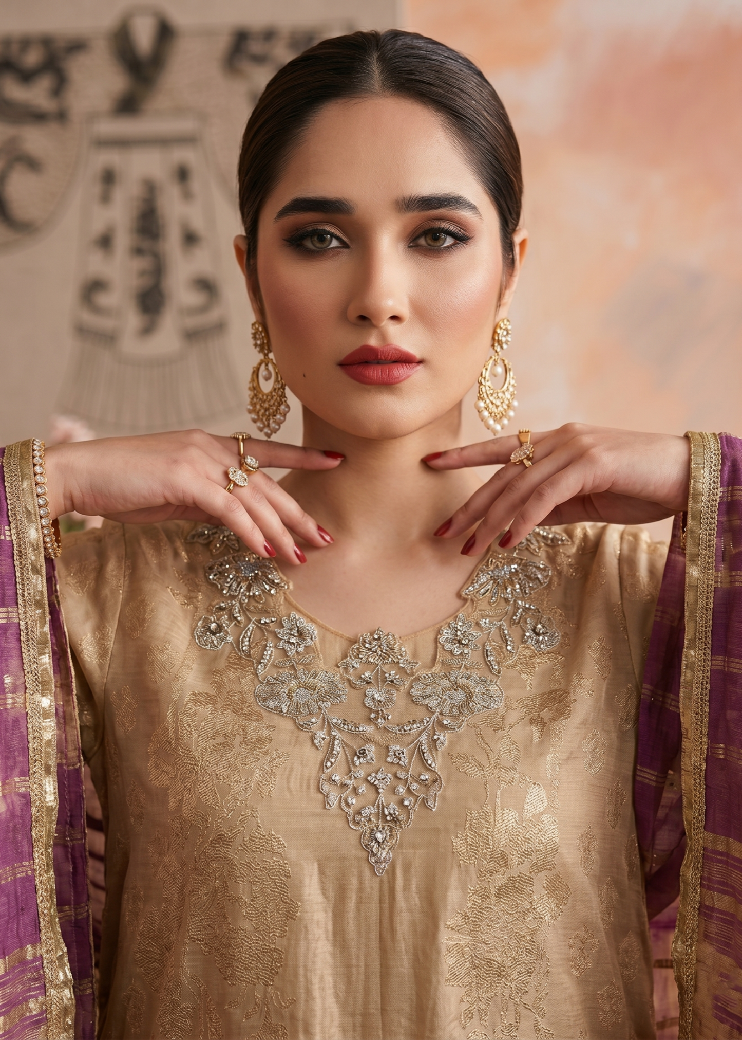 Pakistani Festive Wear Beige Jacquard Suit Online in KSA Riyadh Saudi Arabia Oman Bahrain Qatar