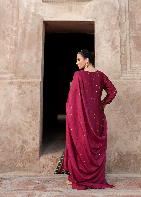Pakistani Festive Wear Deep Maroon Charmuse Silk Suit Online in KSA Riyadh Saudi Arabia Oman Bahrain Qatar