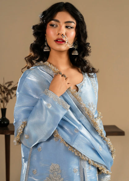 Pakistani Festive Wear Ice Blue Embroidered Sharara Online in KSA Riyadh Saudi Arabia Oman Bahrain Qatar