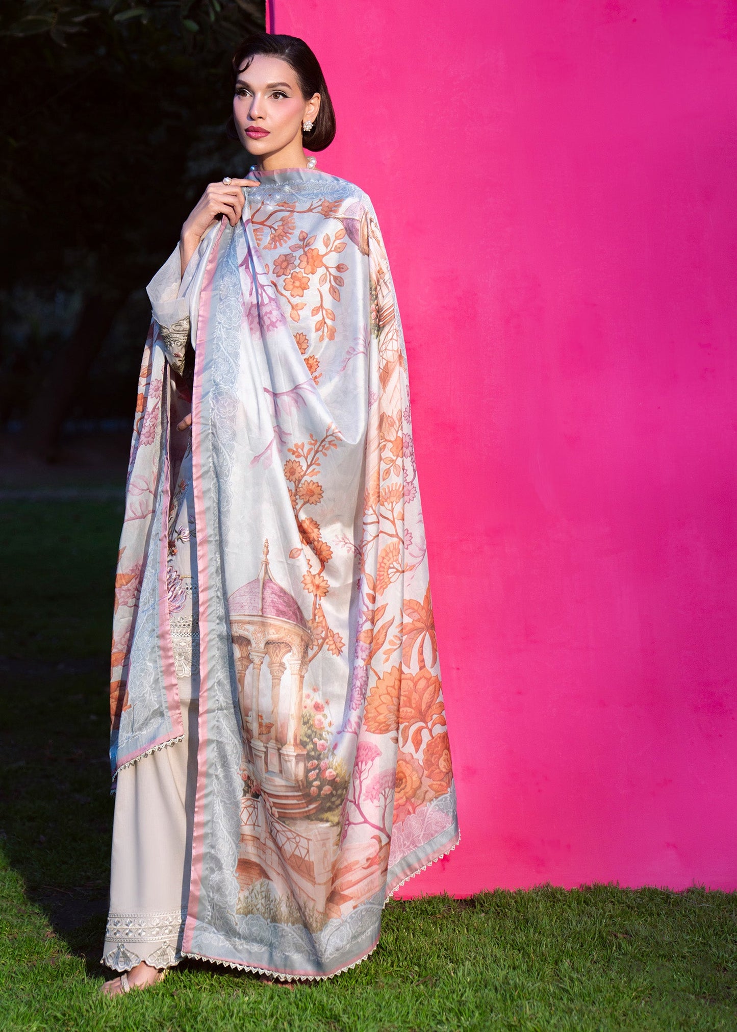 Pakistani Festive Wear Pastel Grey Embroidered Lawn Suit Online in KSA Riyadh Saudi Arabia Oman Bahrain Qatar