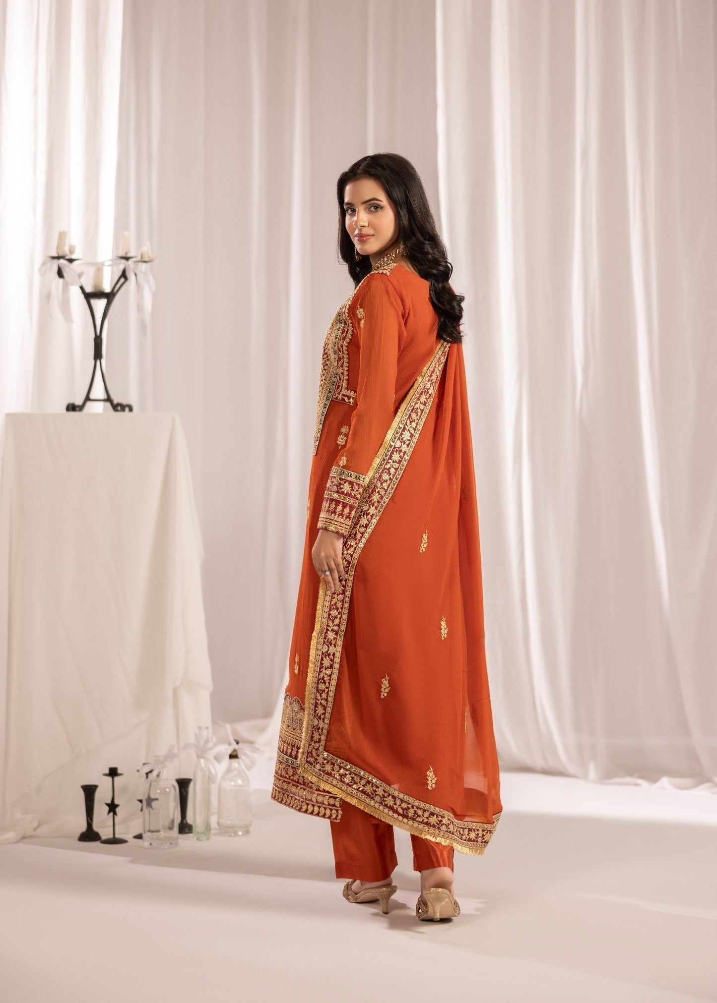 Pakistani Festive Wear Rust Orange Chiffon Suit Online in KSA Riyadh Saudi Arabia Oman Bahrain Qatar