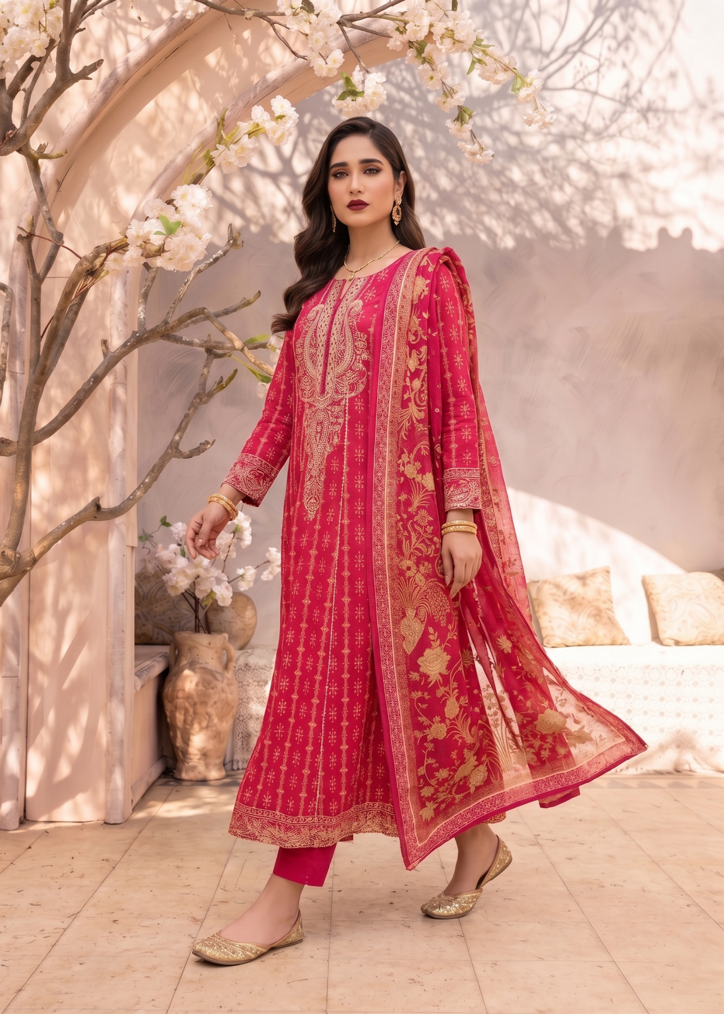 Pakistani Festive Wear Shocking Pink Jacquard Pishwas Online in KSA Riyadh Saudi Arabia Oman Bahrain Qatar
