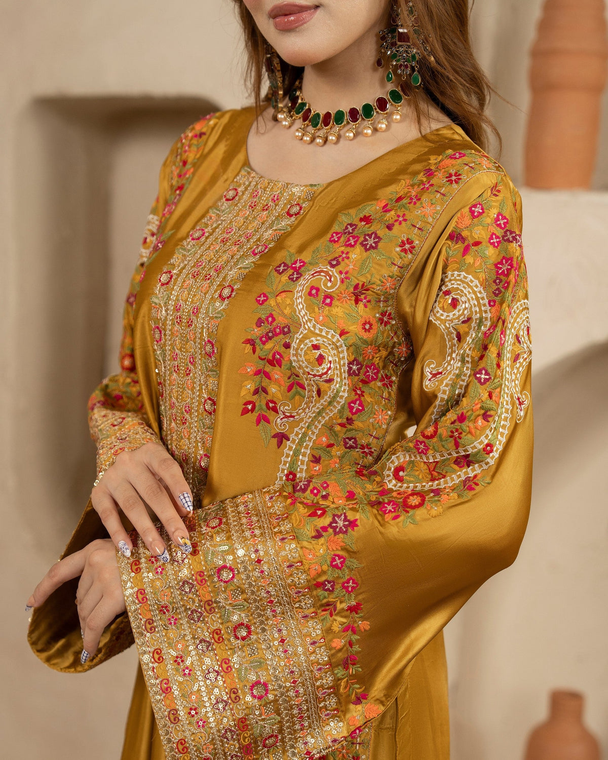 Pakistani Formal Mustard Embroidered Shalwar Kameez Online in KSA Riyadh Saudi Arabia Oman Bahrain Qatar