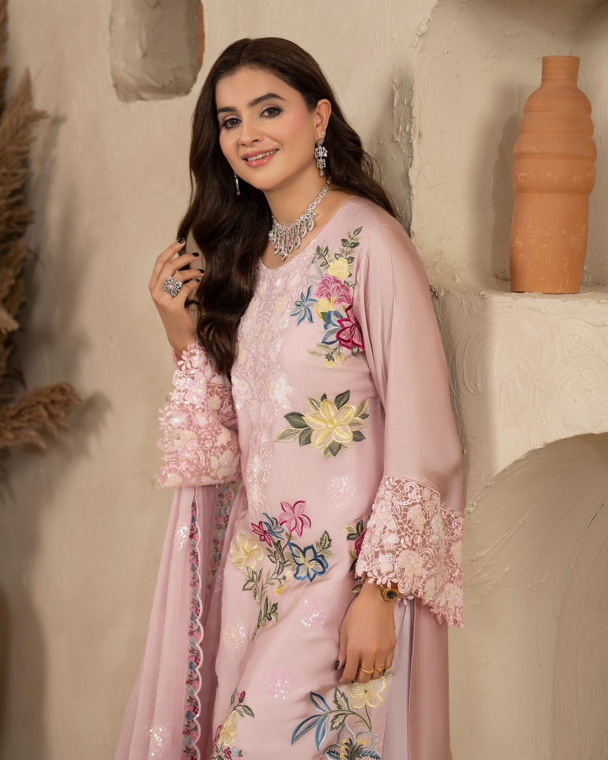 Pakistani Formal Wear Dusty Rose Embroidered Shamoz Silk Salwar Kameez Online in KSA Riyadh Saudi Arabia Oman Bahrain Qatar
