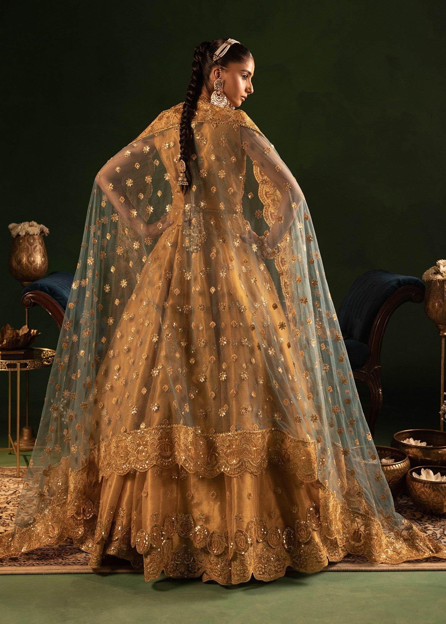 Pakistani Gold Embellished Net Wedding Outfit Online in KSA Riyadh Saudi Arabia Oman Bahrain Qatar