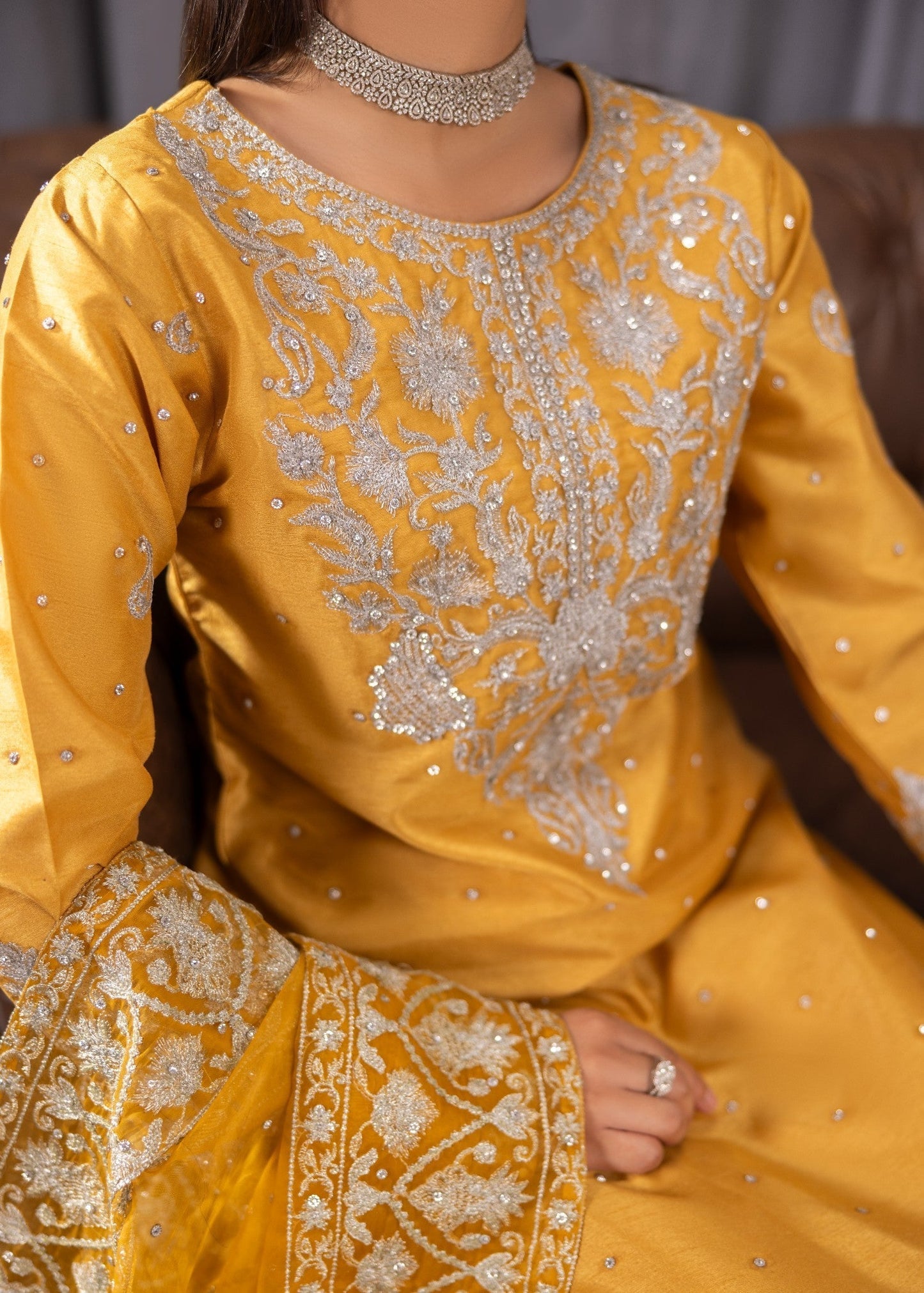 Pakistani Gold Embroidered Raw Silk Suit Online in KSA Riyadh Saudi Arabia Oman Bahrain Qatar