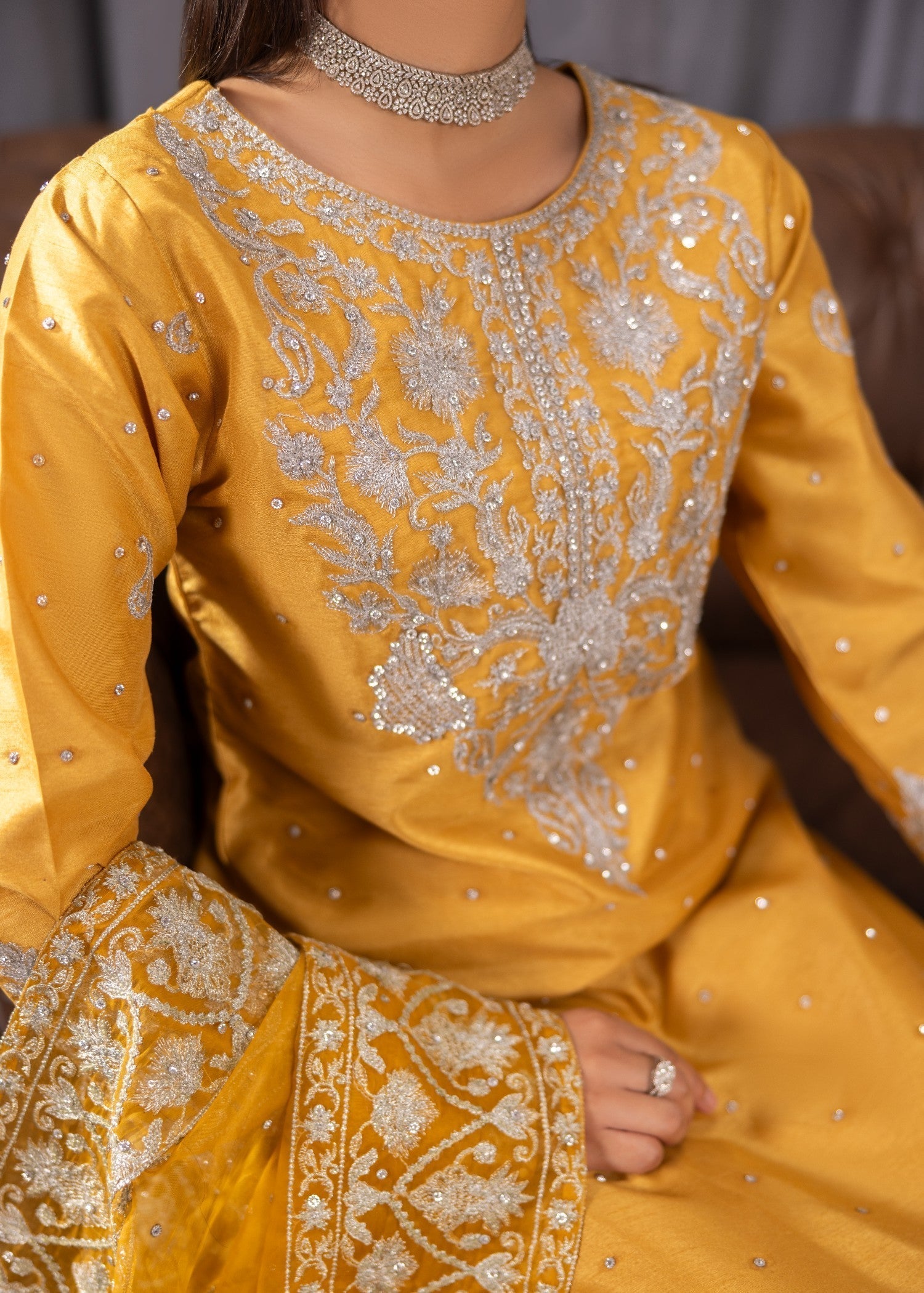 Pakistani Gold Embroidered Raw Silk Suit Online in KSA Riyadh Saudi Arabia Oman Bahrain Qatar