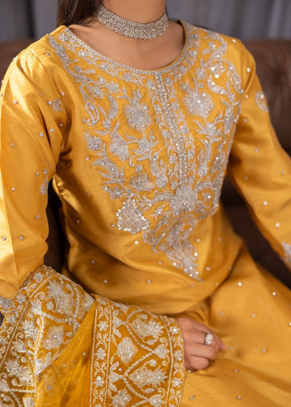 Pakistani Gold Embroidered Raw Silk Suit Online in KSA Riyadh Saudi Arabia Oman Bahrain Qatar