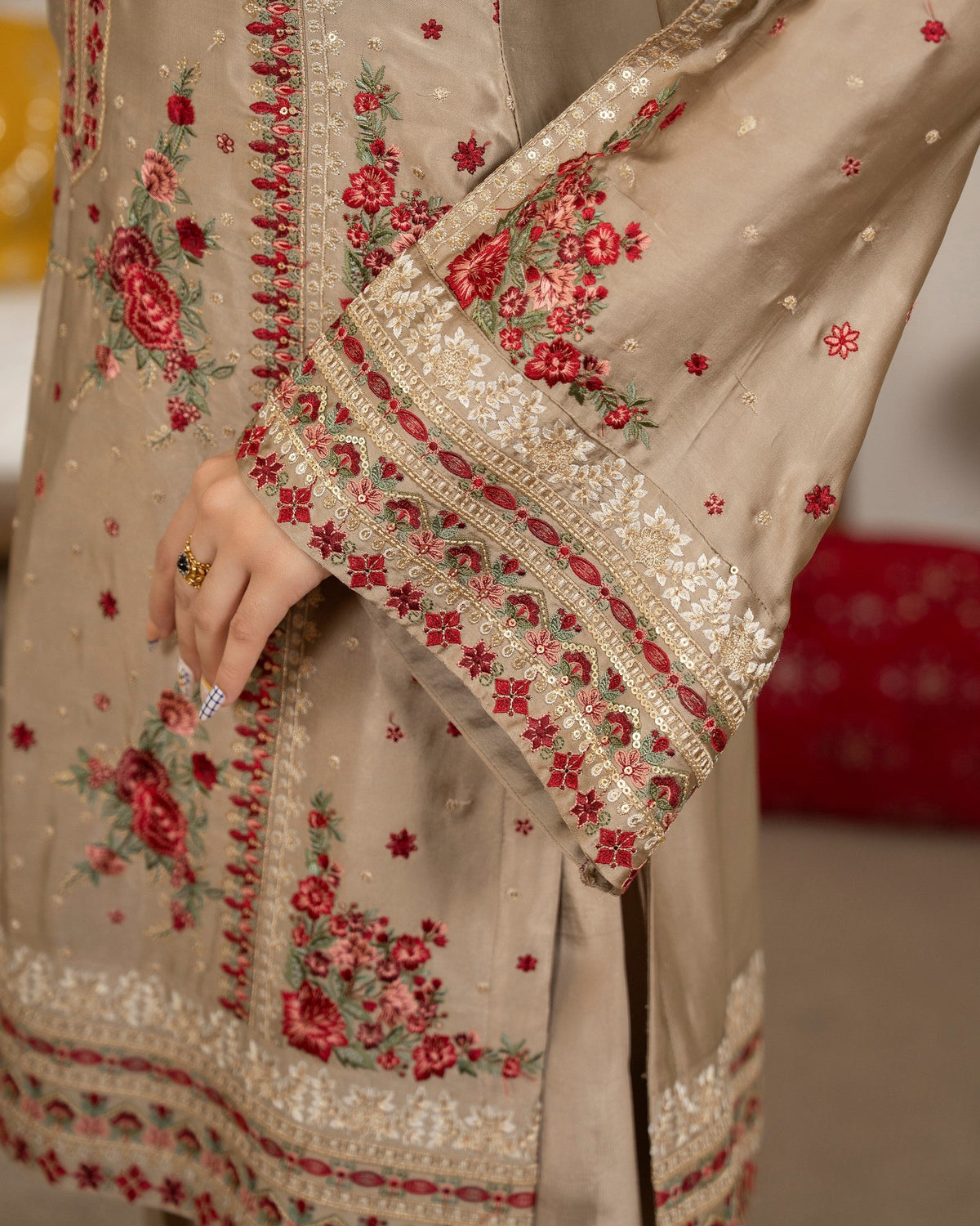 Pakistani Gold Embroidered Shamoz Silk Suit Online in Sri Lanka India Australia