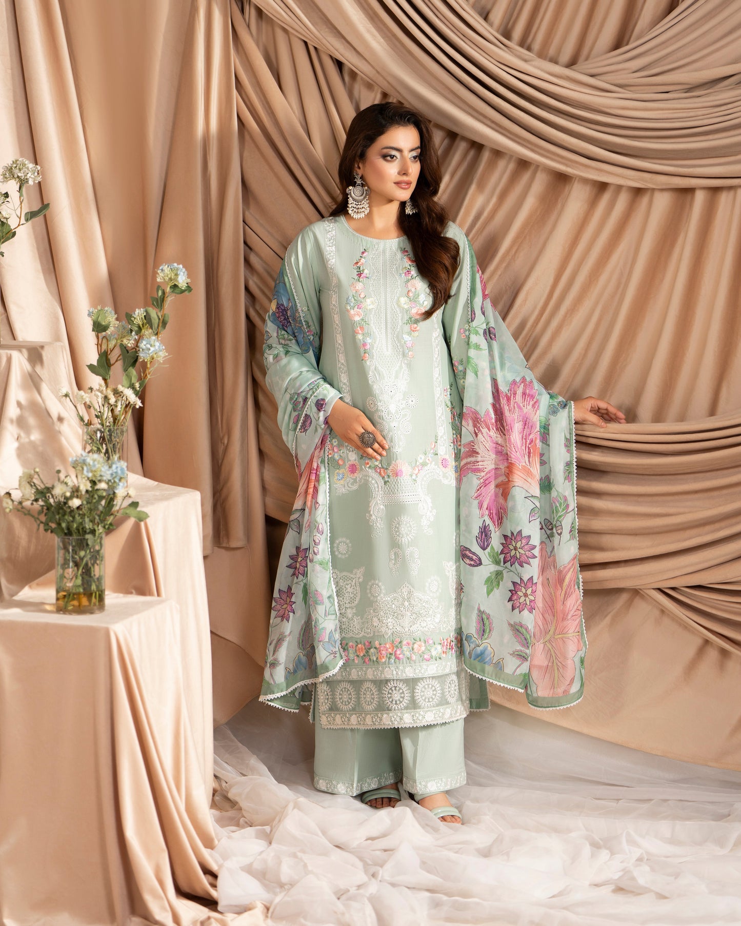 Pakistani Green Embroidered Cotton Suit Online in Sri Lanka India Australia