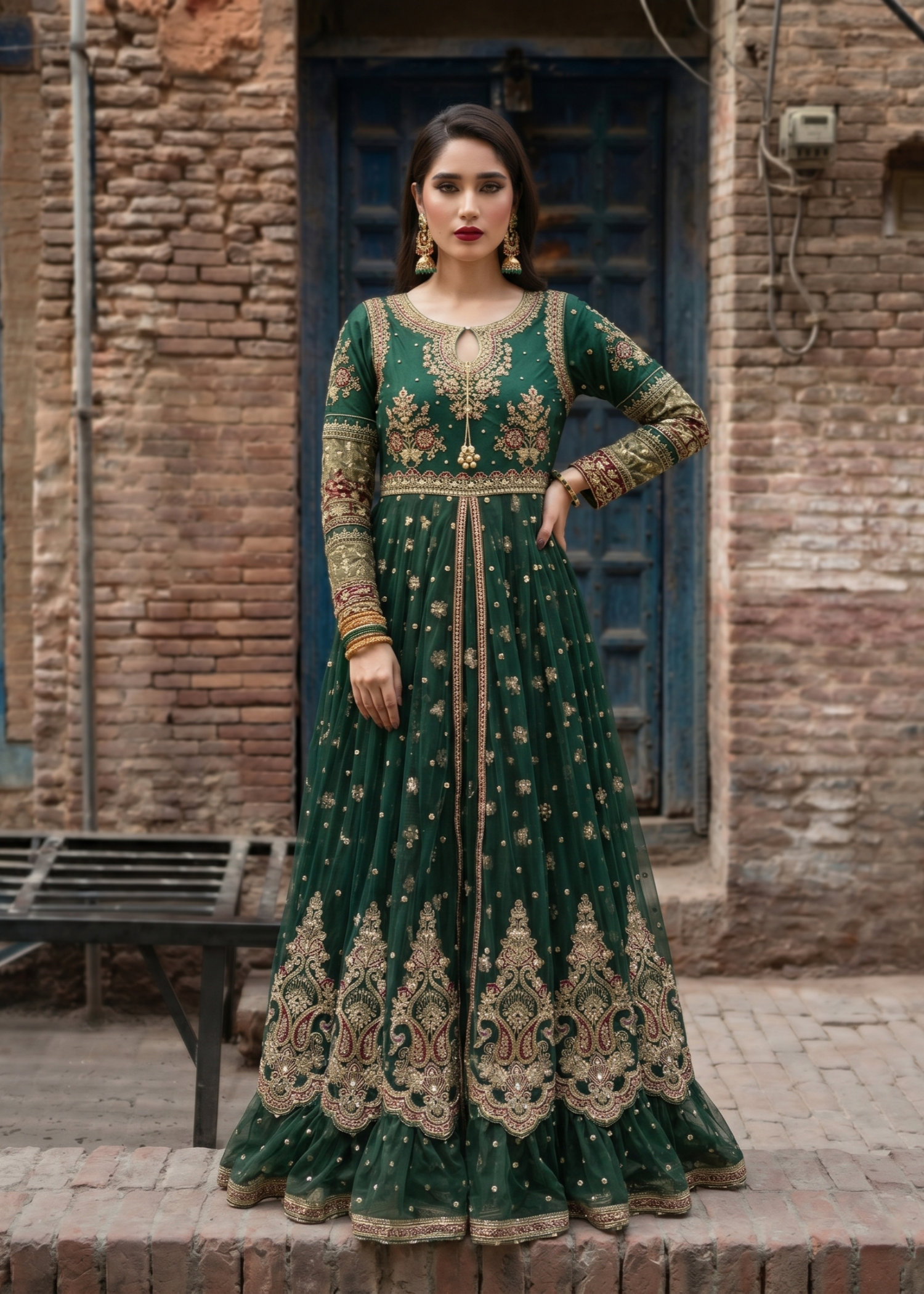 Pakistani Green Embroidered Net Dress Online in KSA Riyadh Saudi Arabia Oman Bahrain Qatar