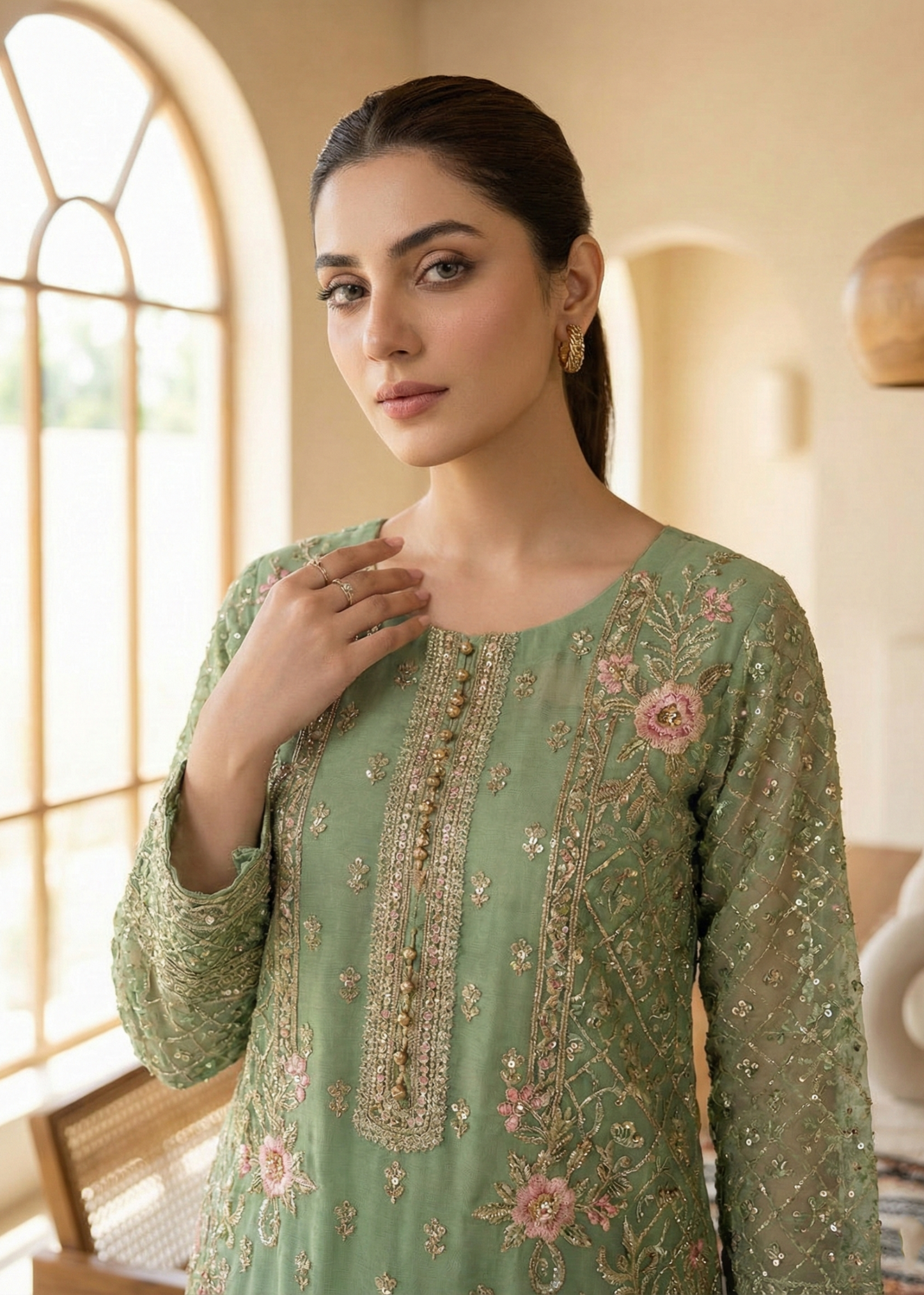 Pakistani Green Embroidered Organza Suit Online in KSA Riyadh Saudi Arabia Oman Bahrain Qatar