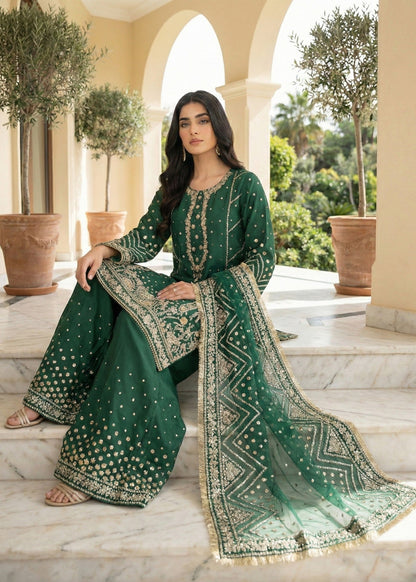 Pakistani Green Embroidered Raw Silk Party Wear Suit Online in KSA Riyadh Saudi Arabia Oman Bahrain Qatar